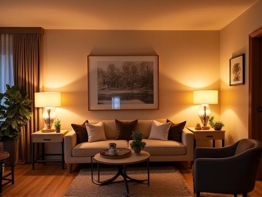 A beautifully lit, cozy home living room featuring Oasis Lights products.